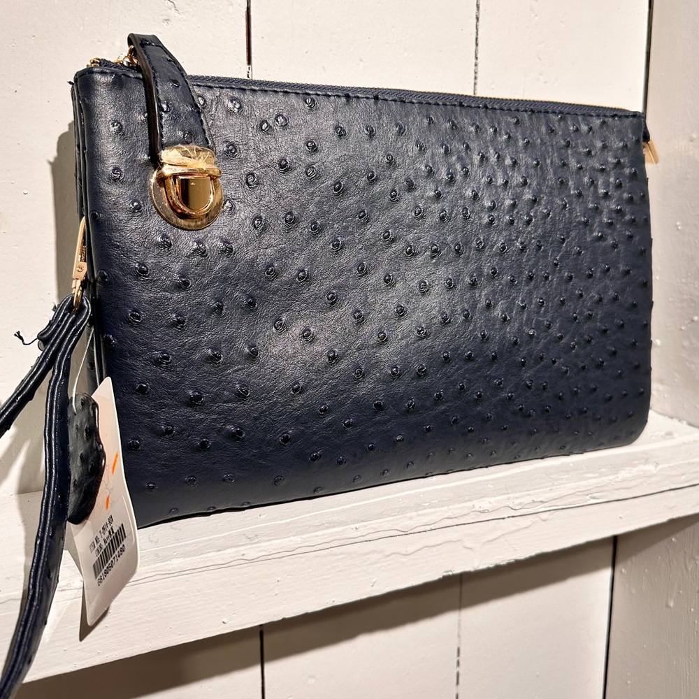 Navy Blue Clutch Wristlet Crossbody Gold Accents Removable Straps